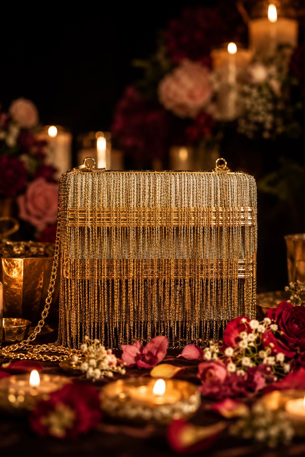 Golden mini bag paired with a saree for festive styling