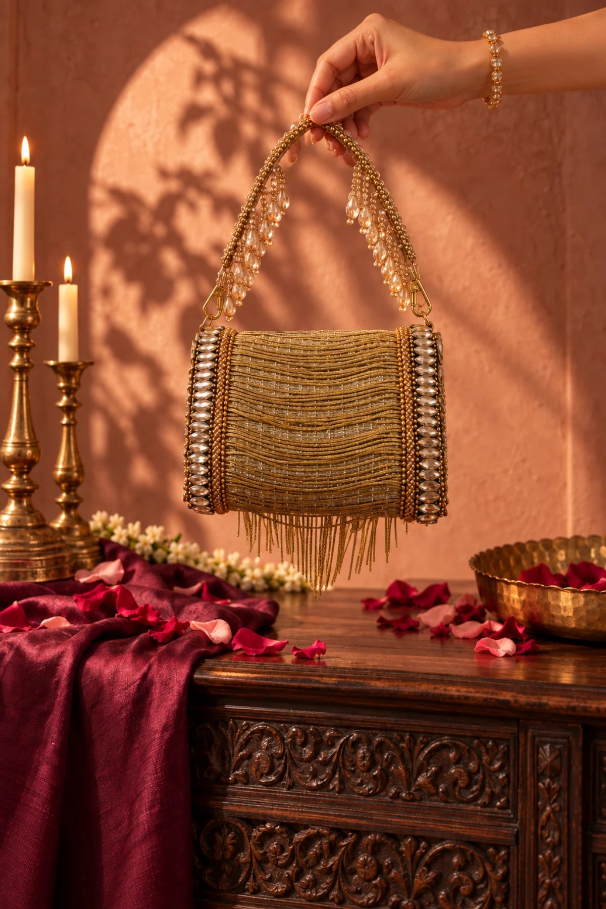 Stylish golden party bag for women with shimmering crystals and playful metallic fringes for special celebrations.