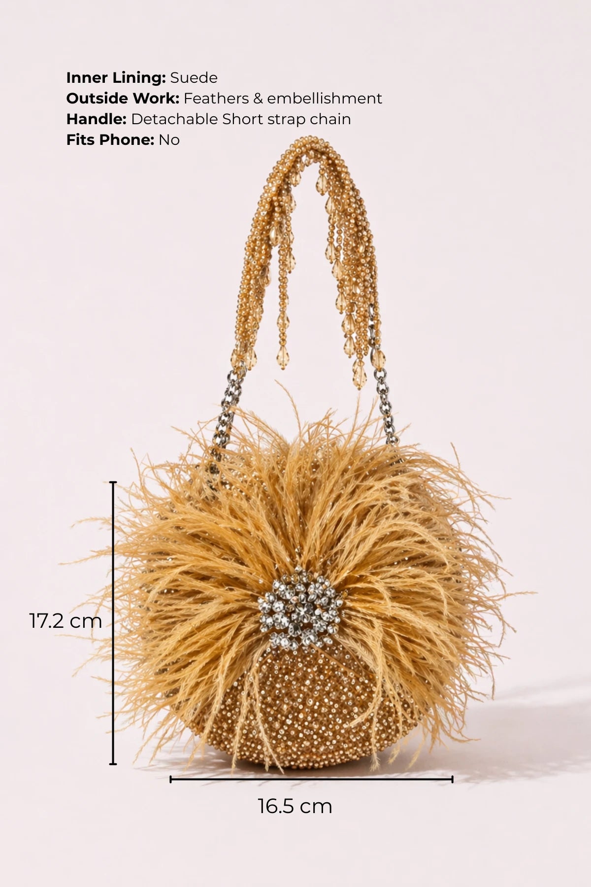 Golden round bag for women with handcrafted embellishments