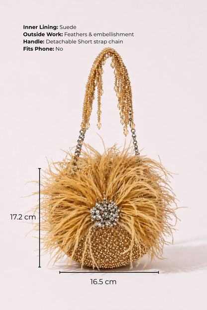 Golden round bag for women with handcrafted embellishments