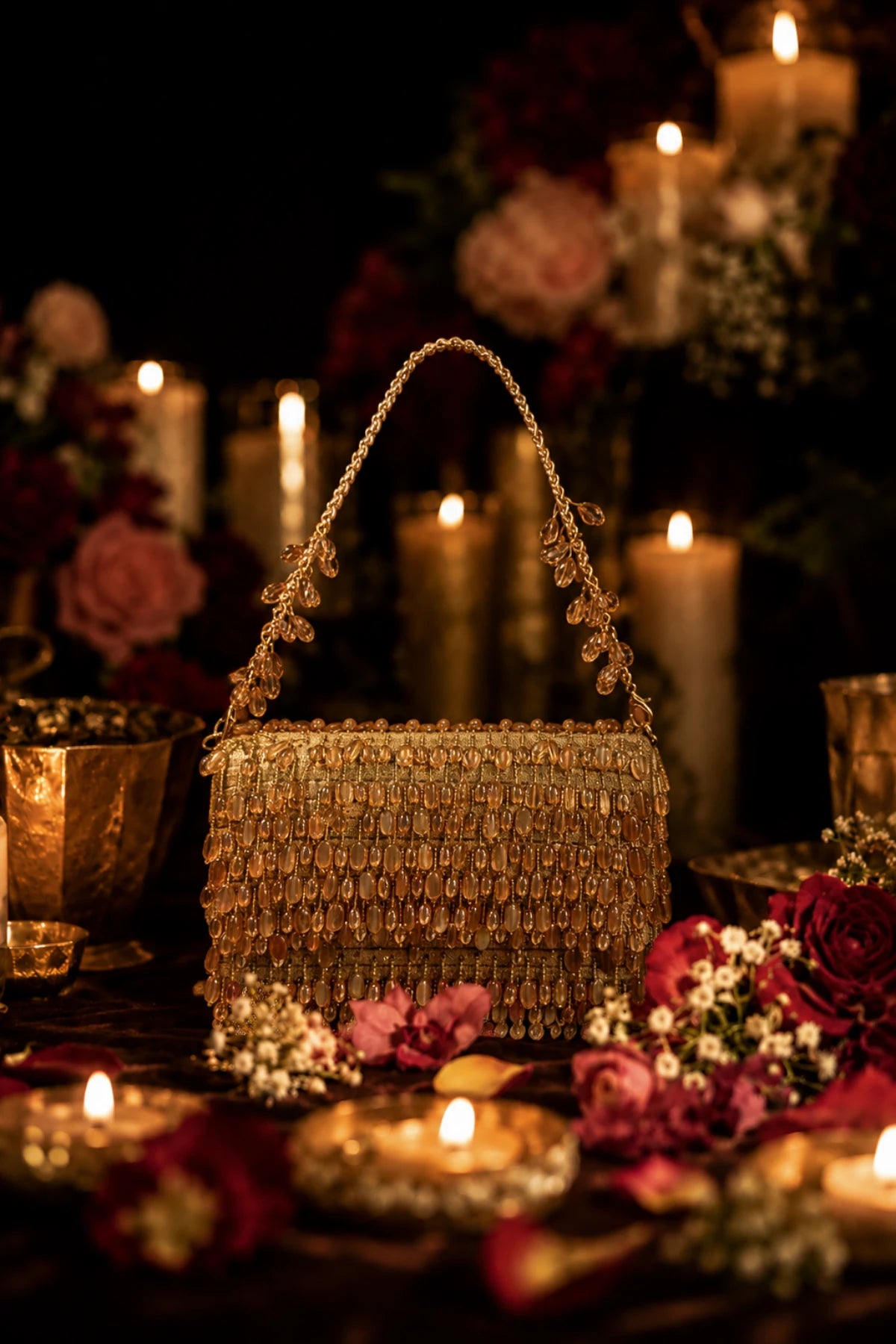 Golden shoulder bag paired with a saree for a Haldi celebration
