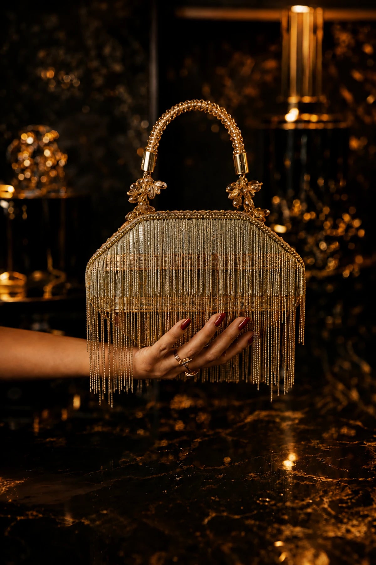 Golden wedding clutch for women with statement chain fringe detailing