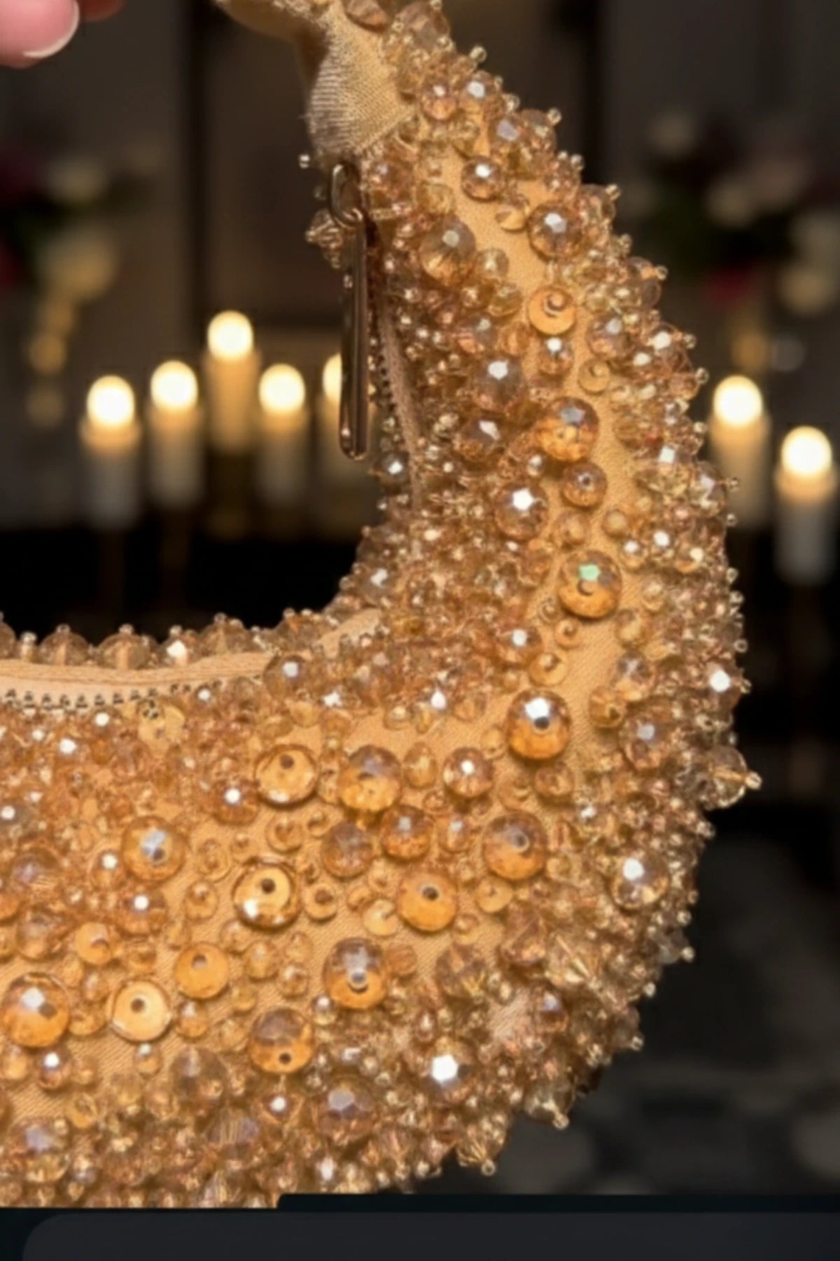 Golden embellished wedding hobo bag with handcrafted beadwork, perfect for bridal events, receptions, festive celebrations, and party wear.