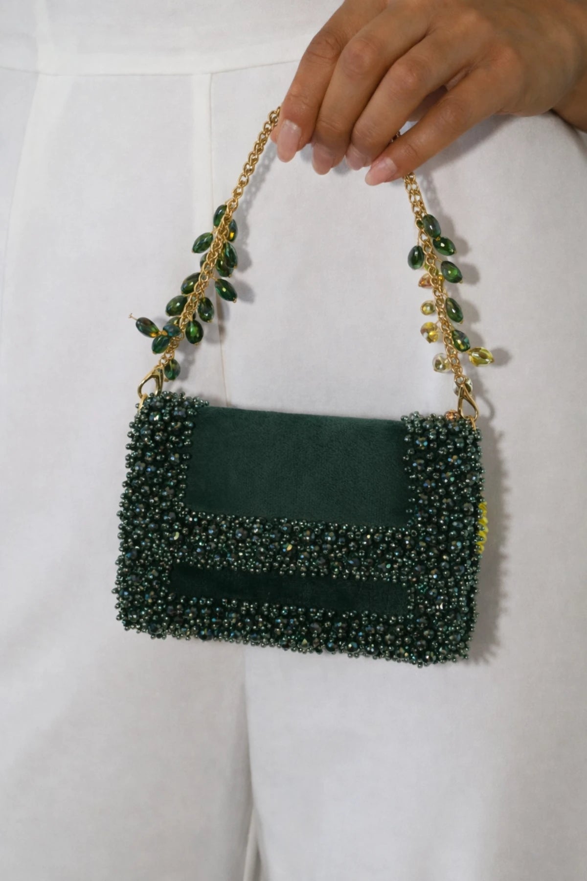 Green shoulder bag for women with handcrafted embellishments