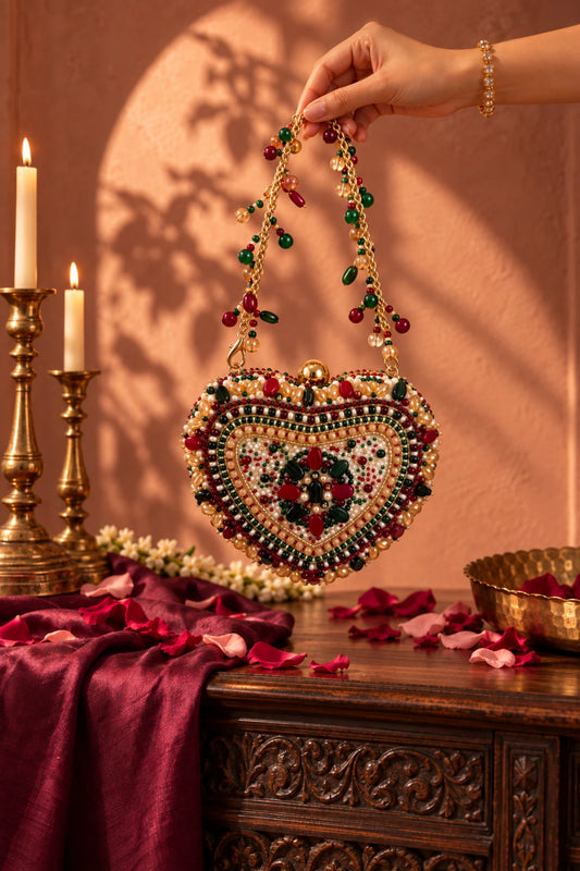 Gulabo Heart Bag featuring handcrafted multicoloured beads, pearls and stones, perfect for weddings and receptions.
