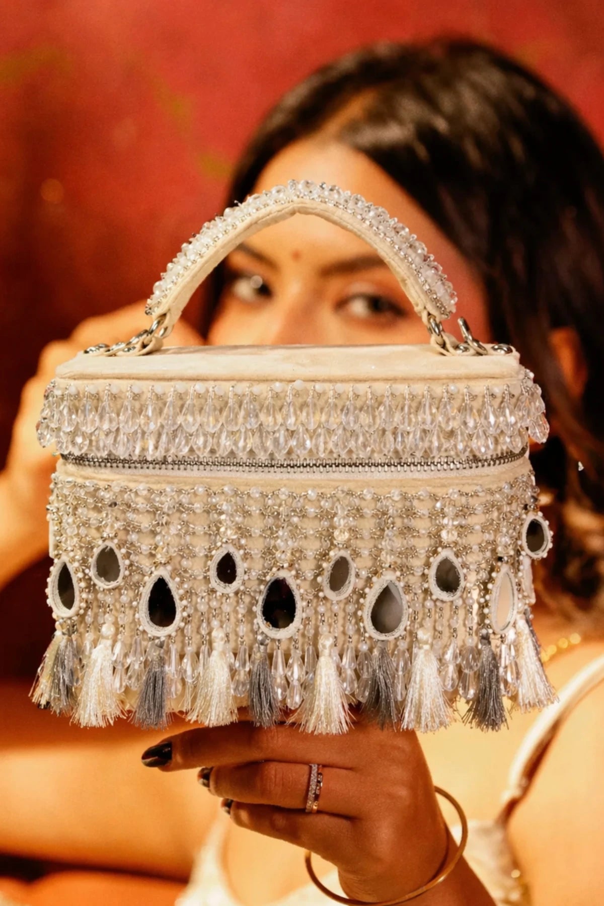 White vanity bag for haldi ceremonies and festive celebrations