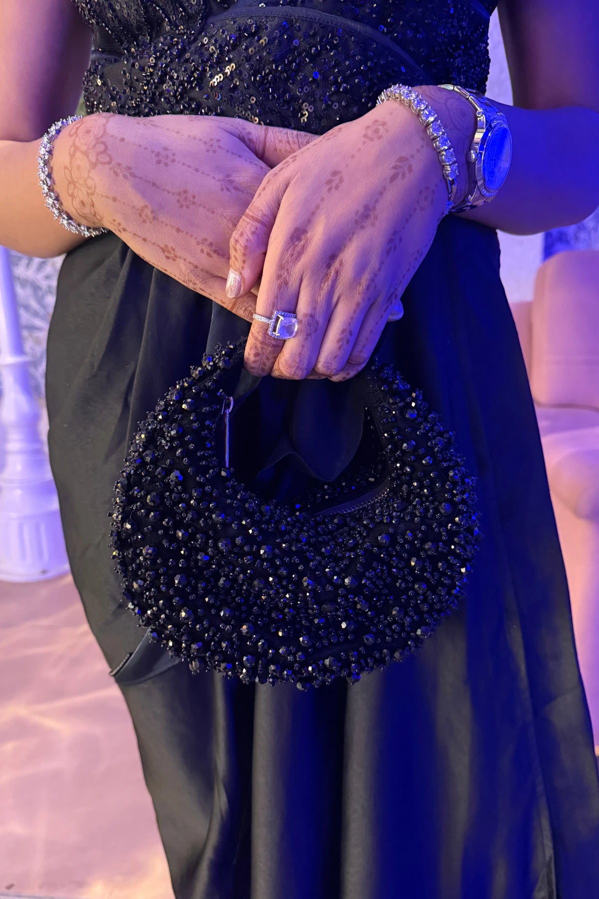 Handcrafted beaded black hobo bag with suede finish
