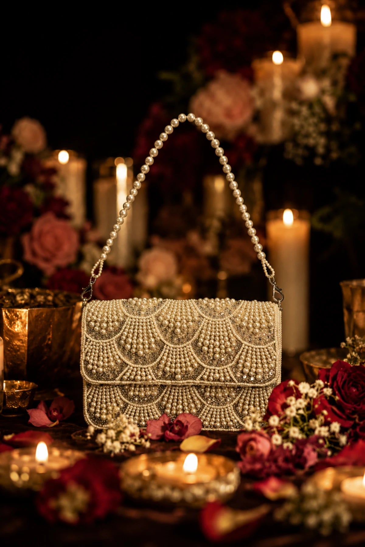 Handcrafted pearl shoulder bag for Haldi and Mehendi celebrations