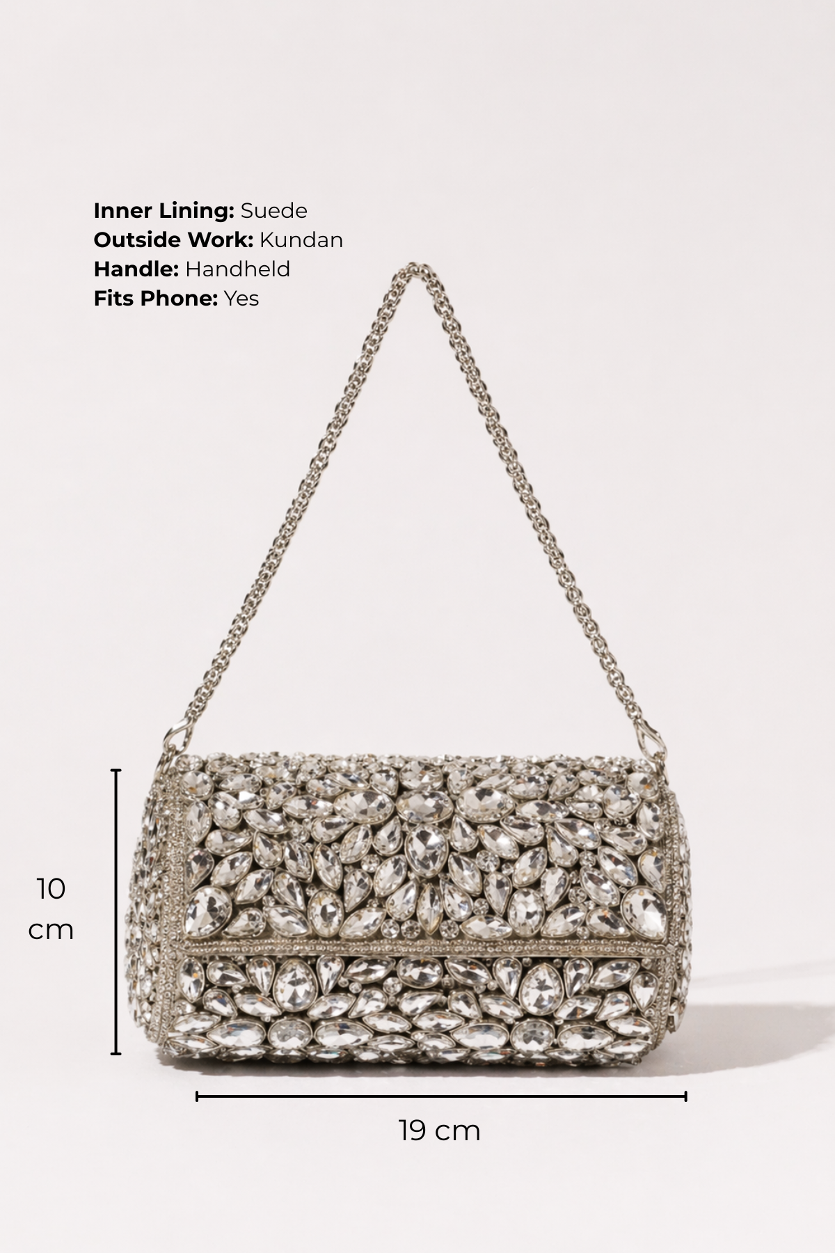 Handcrafted silver party bag with intricate mirror detailing