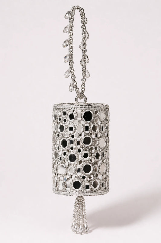 Luxury silver mirror embellished evening potli bag with crystal tassel handle by House of Siora