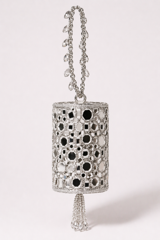 Luxury silver mirror embellished evening potli bag with crystal tassel handle by House of Siora