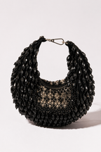 Black beaded hobo bag with cascading crystal embellishments and festive handcrafted detailing