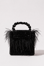 Black feather mini bag with shimmering beadwork and bold party-ready