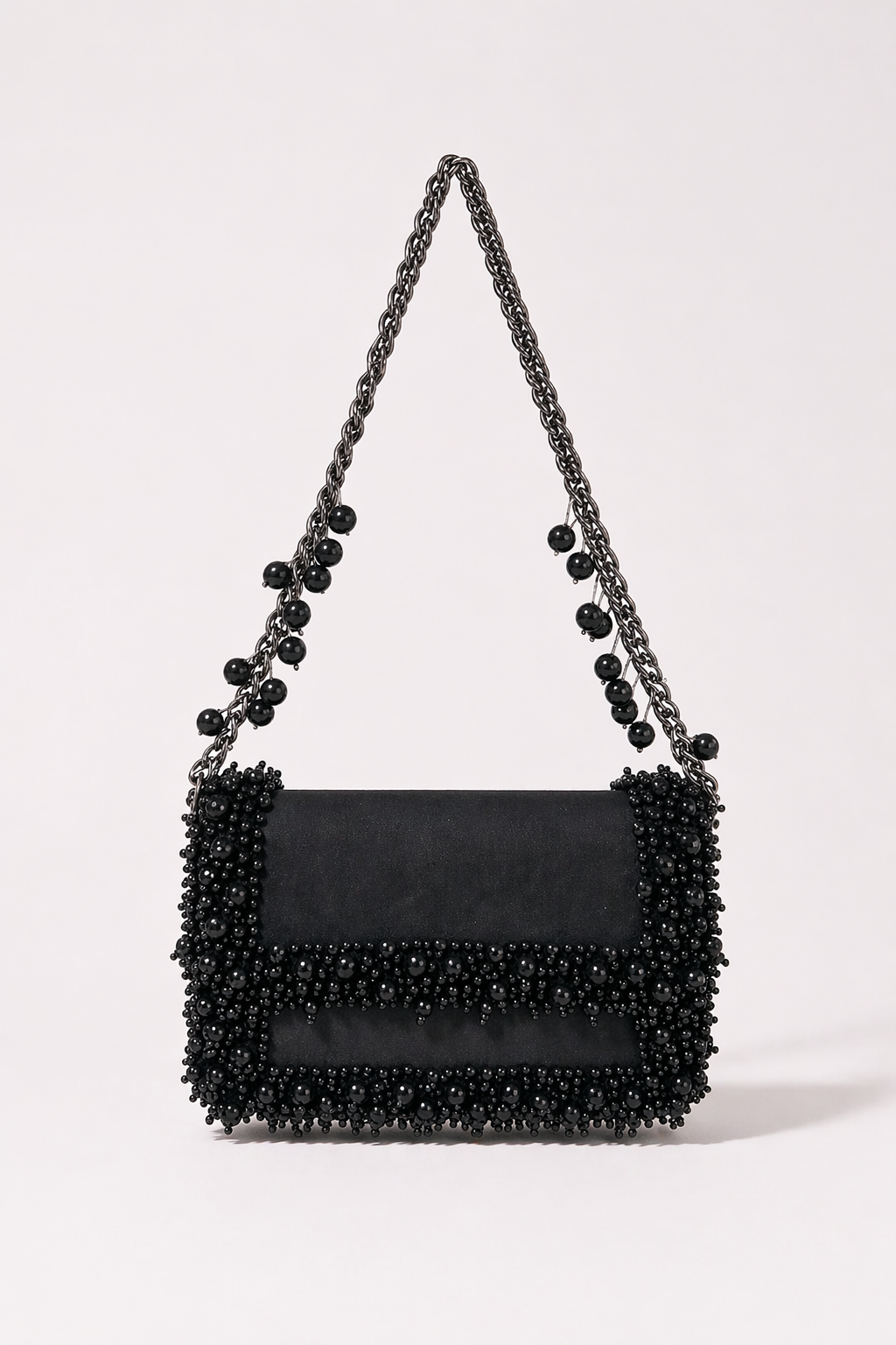 Black shoulder bag with sparkling crystal embellishments and elegant chain detailing