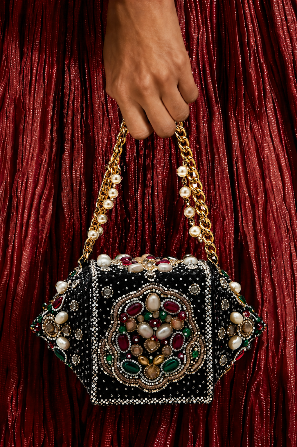 Black stone wedding guest handbag featuring handcrafted embellishments and pearl accents