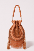 Bridal potli bag with intricate bead embroidery and pearl tassel detailing