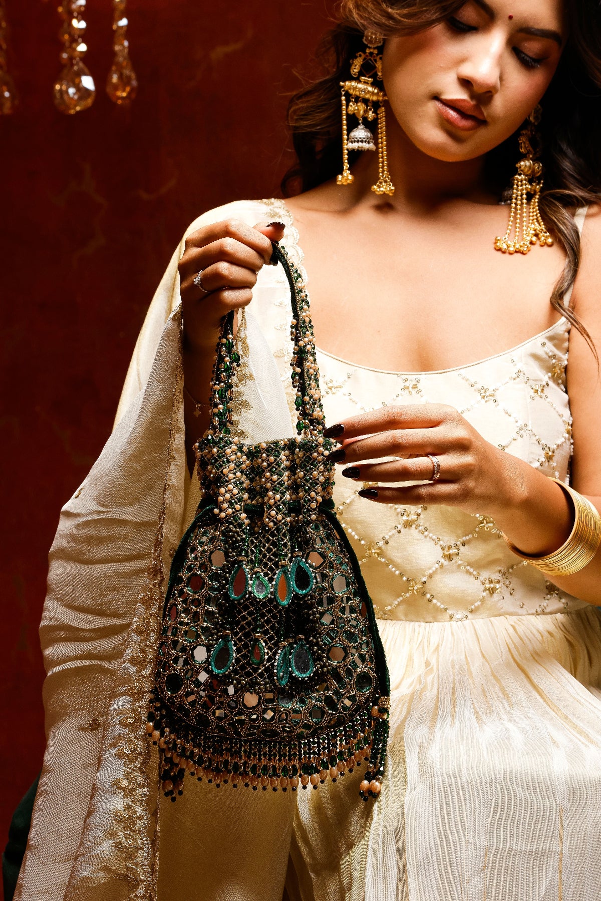Gift-worthy bridal handbag styled beautifully for weddings and trousseau collections