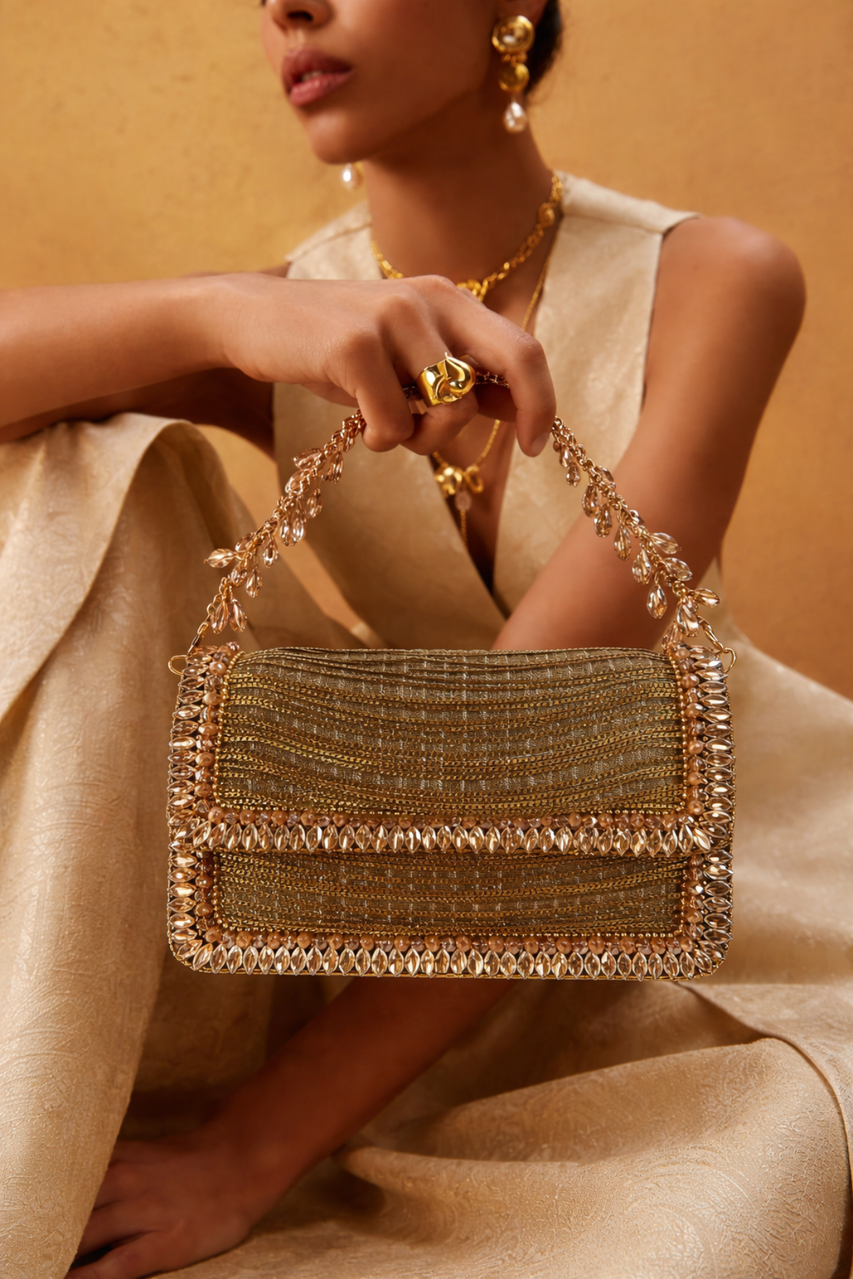 Bride-to-be gold purse featuring handcrafted texture and sophisticated festive sparkle