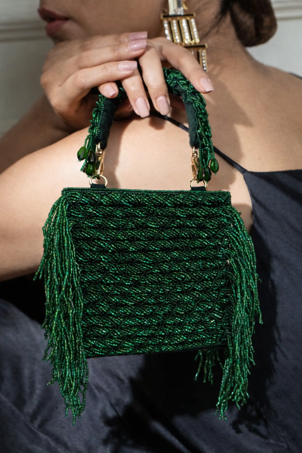 Bride-to-be green handbag inspired by mehendi celebrations and traditional glamour