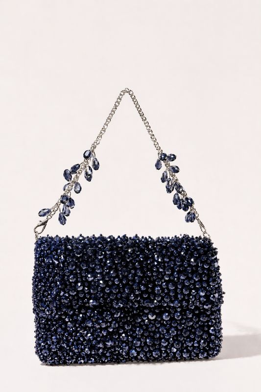 Charcoal blue crystal handbag with shimmering embellishments and jewel-inspired chain