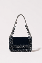 Charcoal blue shoulder bag with sparkling crystal embellishments and elegant chain detailing