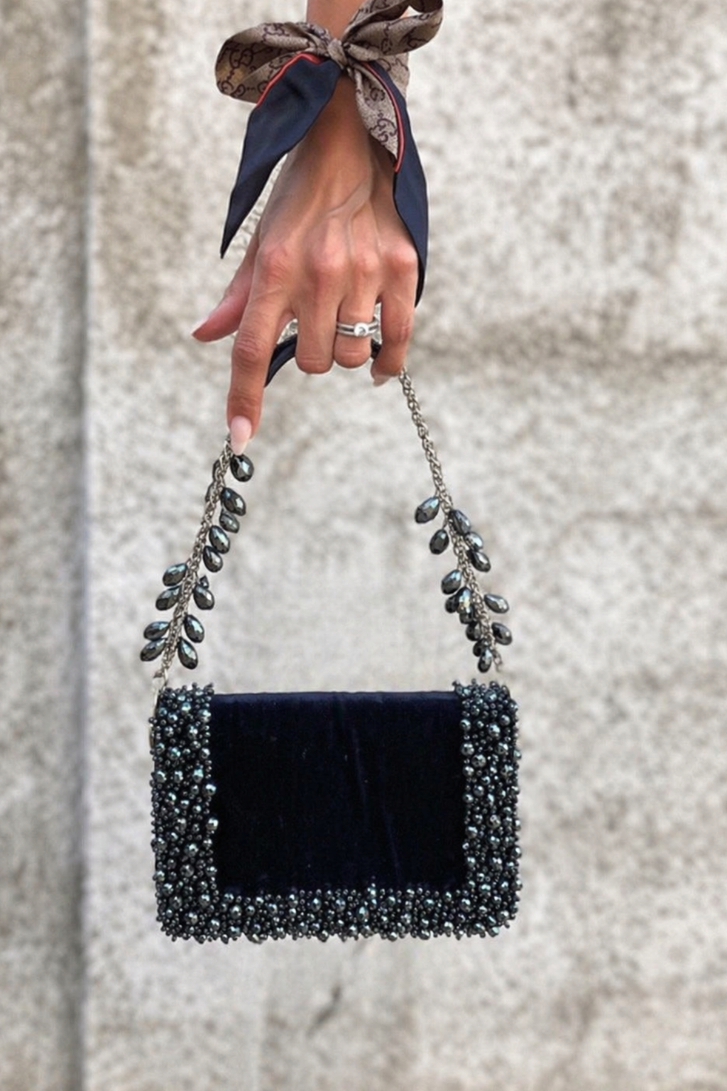 Charcoal blue stone embellished bag designed beautifully for receptions and festive occasion dressing