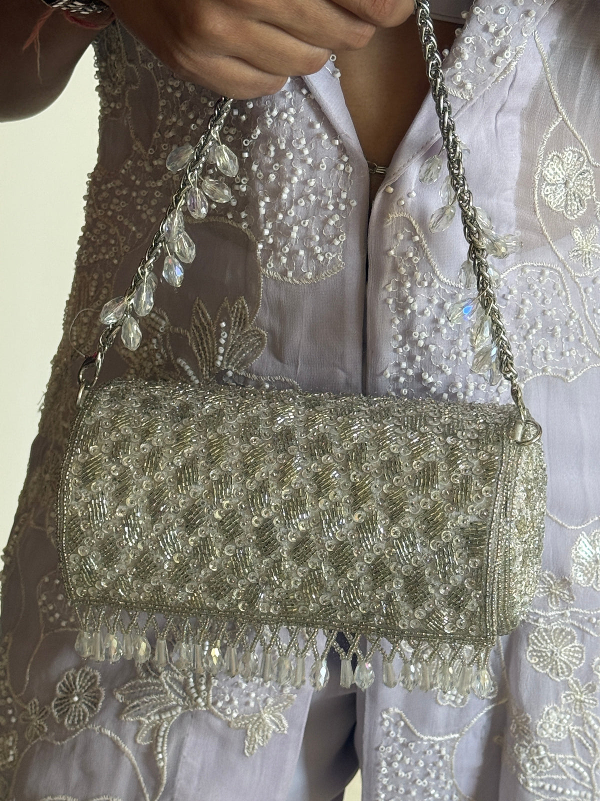 Crystal embellished party handbag styled perfectly for dinners and elegant night-out looks
