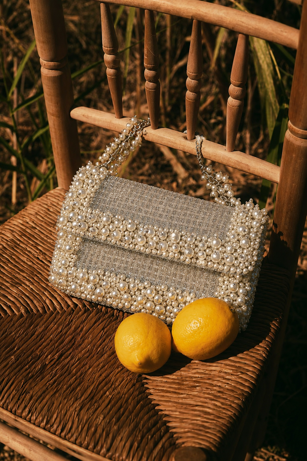 Denim pearl party bag featuring handcrafted detailing and subtle sparkling texture