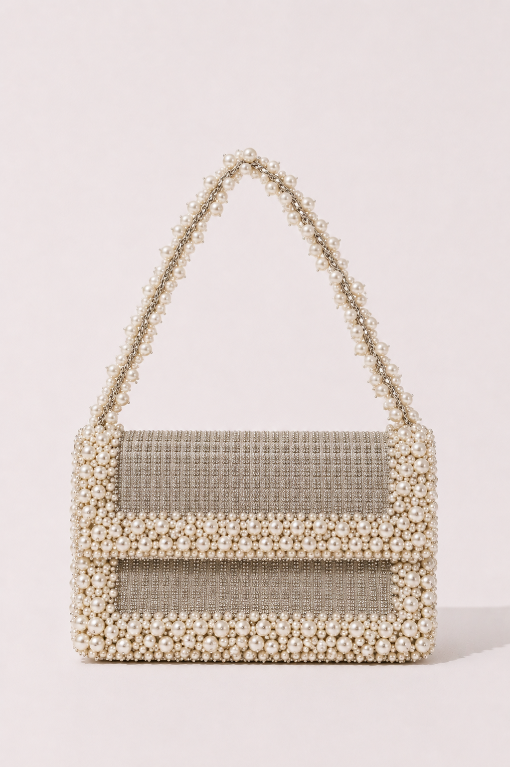Denim shimmer designer handbag with pearl embellishments and elegant chain detailing