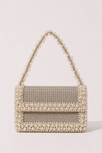 Denim shimmer designer handbag with pearl embellishments and elegant chain detailing