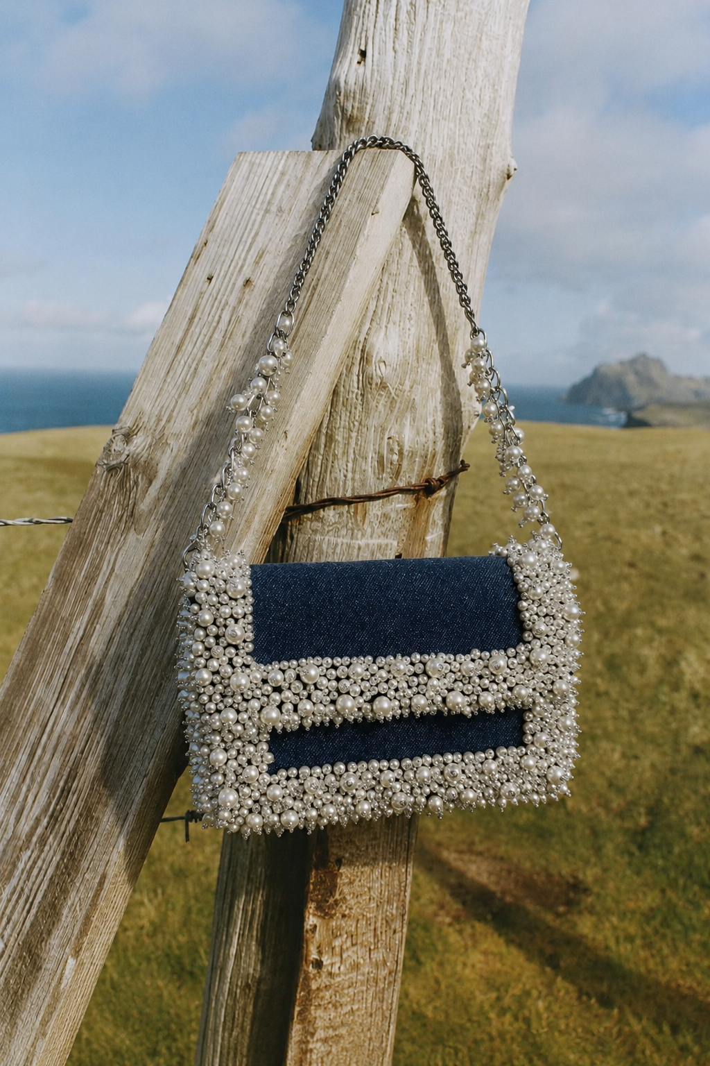 Designer denim occasion handbag designed beautifully for brunches and casual celebrations
