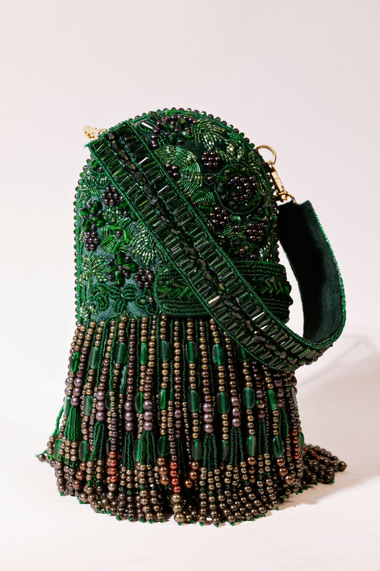 Deep green embellished party handbag inspired by glamorous evening styling