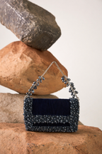 Glam charcoal blue cocktail handbag with shimmering crystal detailing and modern evening glamour