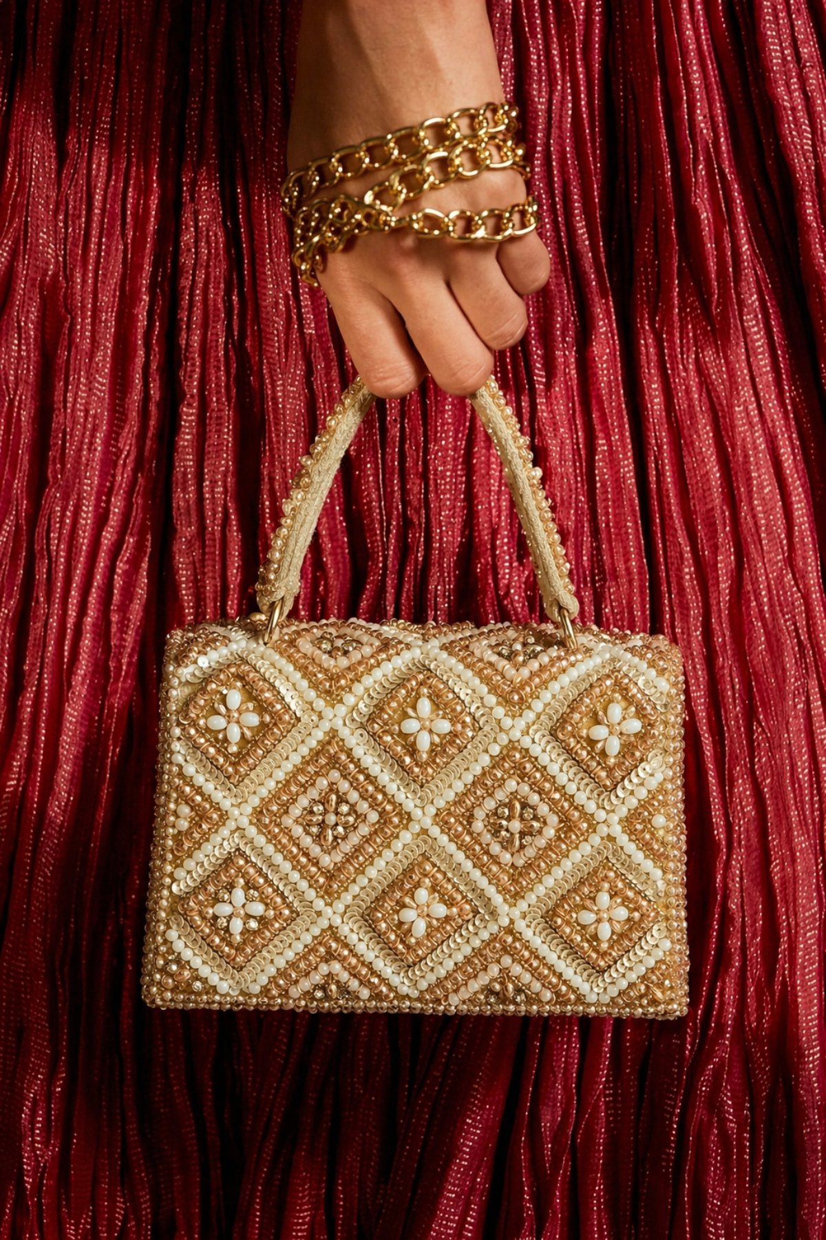 Wedding guest purse with intricate embellishments and shimmering tassel detailing