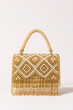 Gold beaded fringe handbag with pearl detailing and handcrafted festive craftsmanship