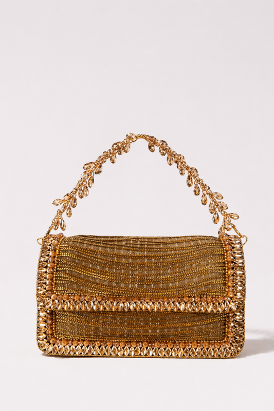 Gold bridal designer clutch with shimmering embellishments and elegant chain detailing
