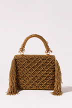 Gold bridal handbag with handcrafted woven detailing and elegant fringe accents