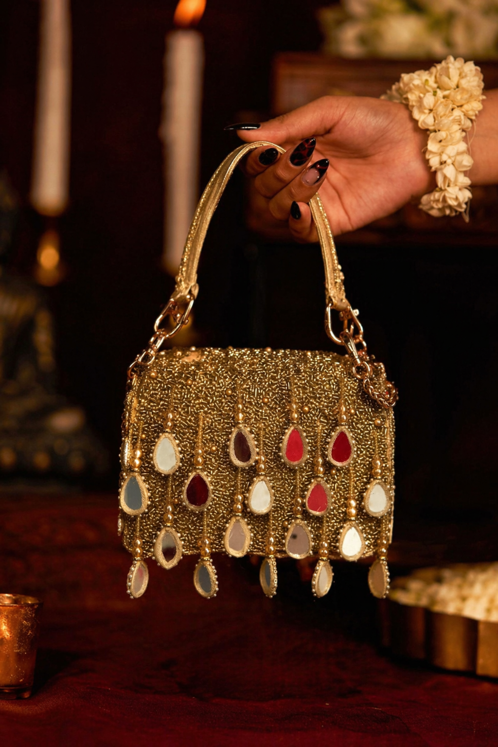 Cocktail-ready gold statement bag styled perfectly for parties and elegant evening looks