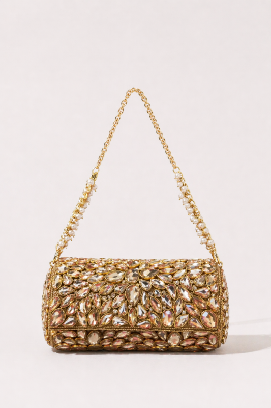 Handcrafted gold kundan handbag designed for festive celebrations and wedding events