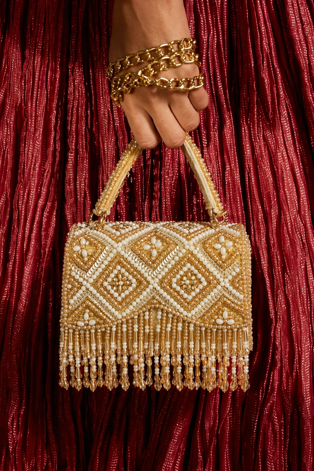 Luxury gold evening handbag featuring geometric beadwork and statement fringe accents