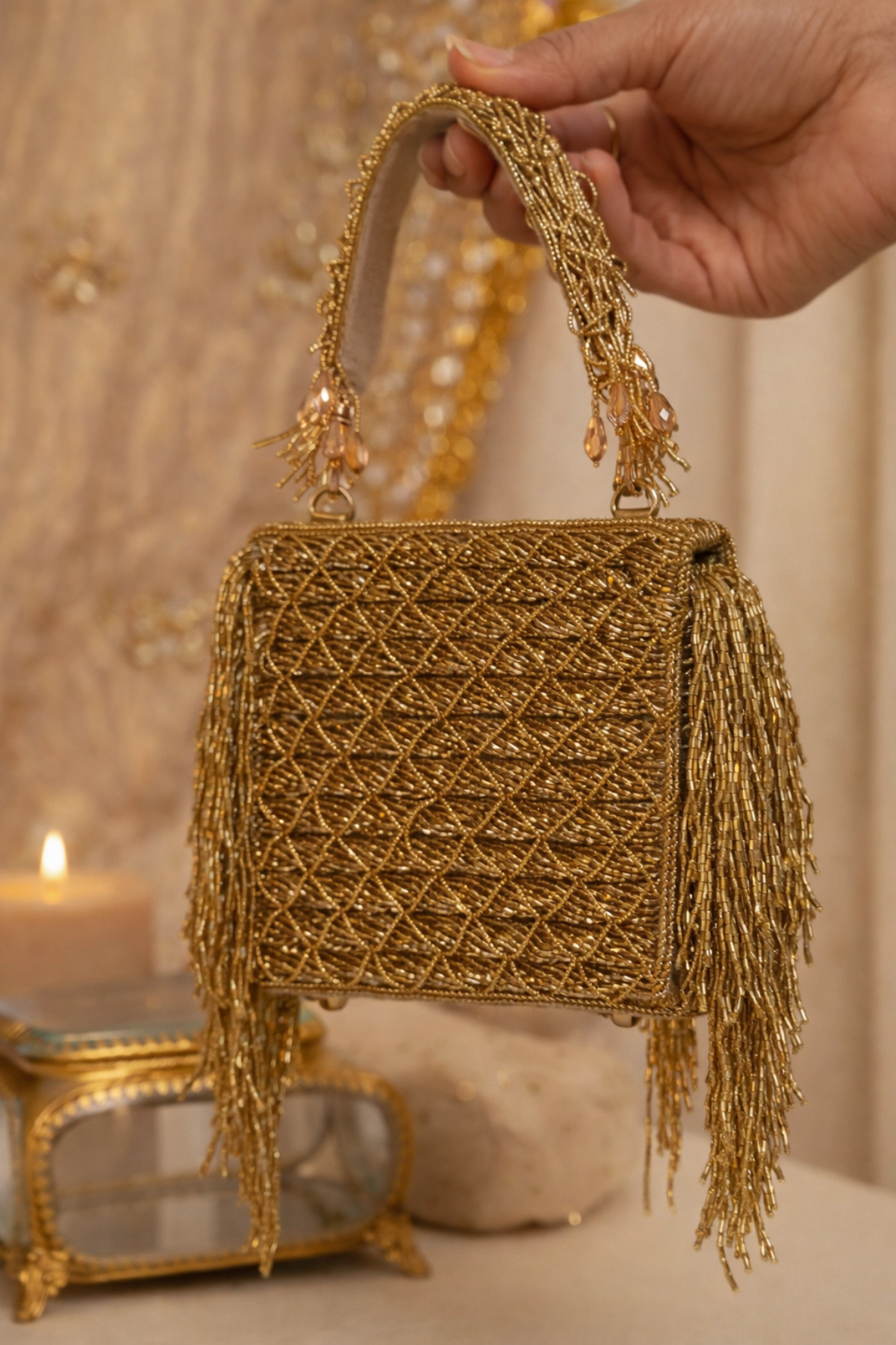 Gold festive occasion bag designed beautifully for receptions and wedding functions