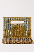 Gold fringe clutch bag with shimmering beadwork and handcrafted festive detailing