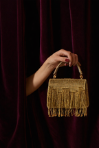 Gold fringe mini handbag featuring statement embellishments and sophisticated sparkle