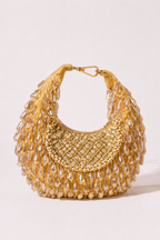 Gold beaded hobo bag with cascading crystal embellishments and festive handcrafted detailing