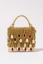 Gold mirror fringe handbag with statement embellishments and handcrafted festive detailing