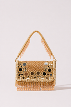 Gold mirror work handbag with intricate bead detailing and festive tassel accents