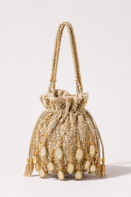 Golden potli handbag with mirror embellishments and handcrafted festive detailing