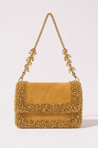 Gold suede shoulder bag with sparkling crystal embellishments and elegant chain detailing