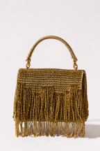 Gold trousseau clutch with shimmering fringe detailing and elegant handcrafted texture