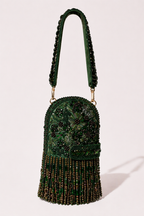 Emerald green beaded fringe handbag with intricate embellishments and rich detailing